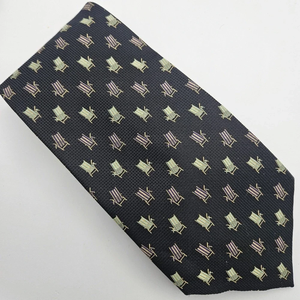 Tommy Bahama Off Island Necktie Mens TieBlack Silk Deck Chair Beach‎ Pattern